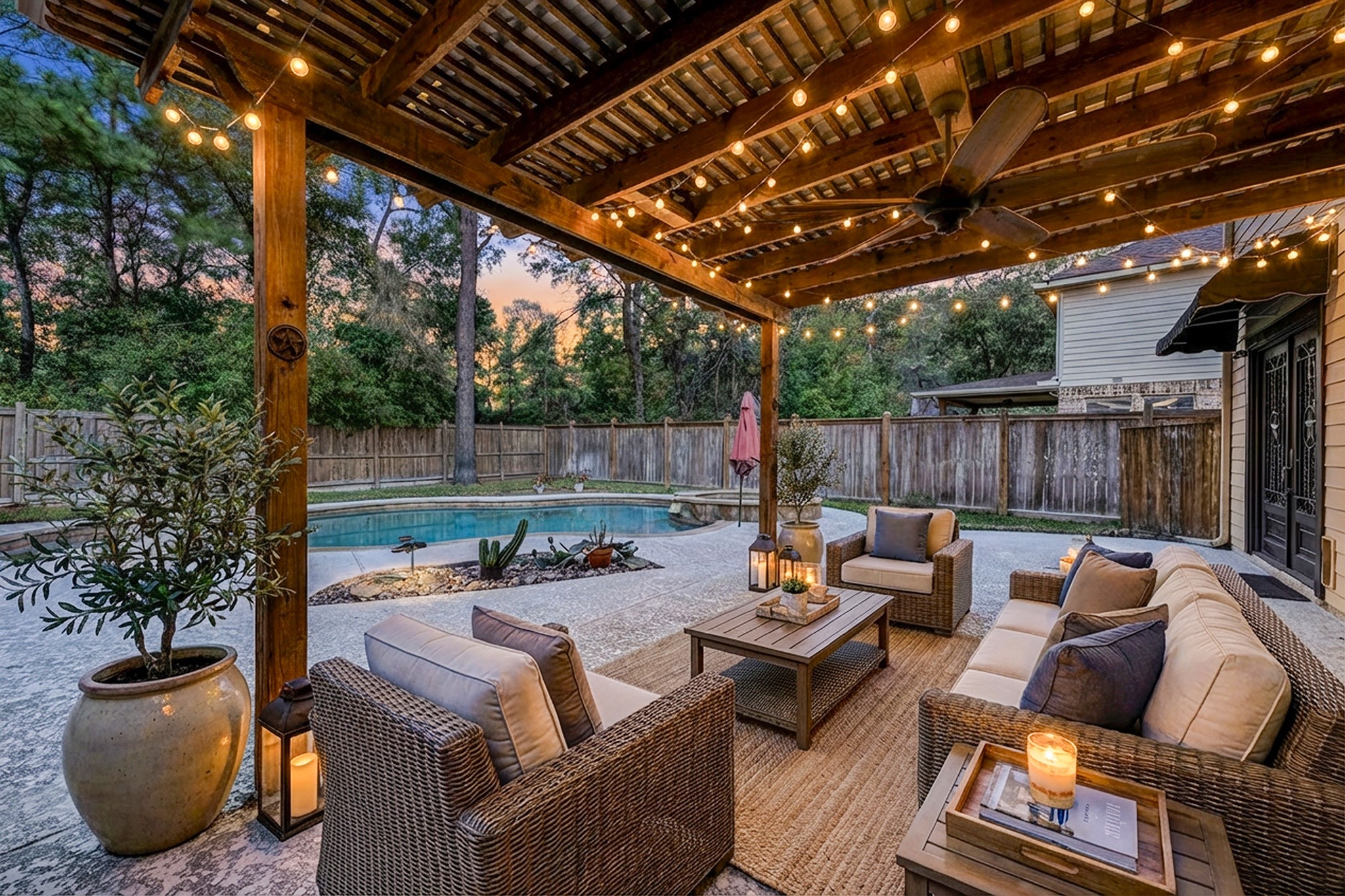 2511 Bridgestone Park Lane Spring, TX 77386 - Photo 1 of 25 Relax on the covered patio while taking in views of the pool and back yard. This photo is virtually furnished.