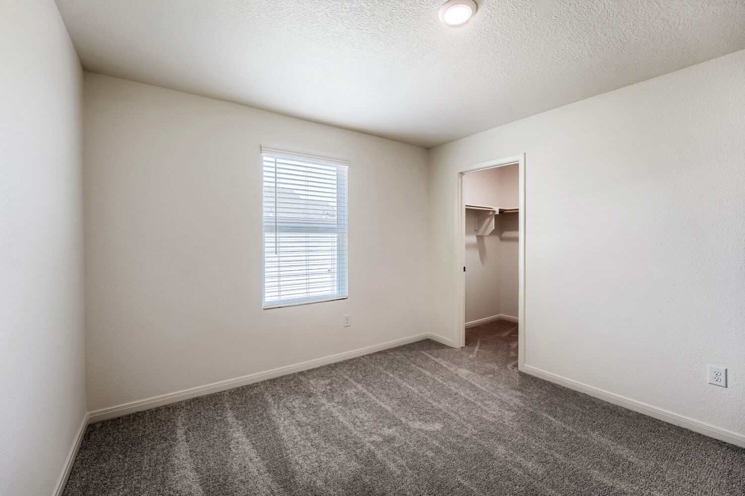 124 Mullen Way Taylor, TX 76574 - Photo 12 of 22 Room featuring neutral wall finishes, gray patterned carpet, a single window with blinds, an overhead recessed light, and a closet with shelving