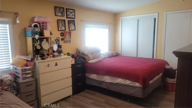 a bedroom with a bed and a closet
