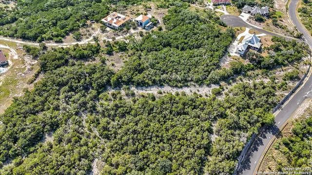 an aerial view of residential houses with outdoor space and trees