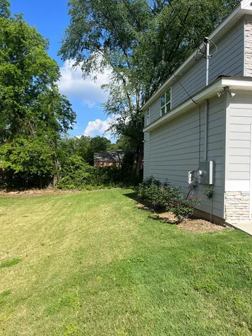 a backyard of a house with plants and tree
