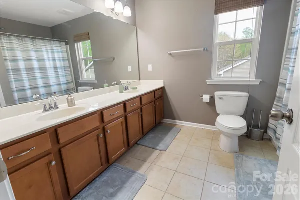 a bathroom with a double vanity sink toilet and a mirror