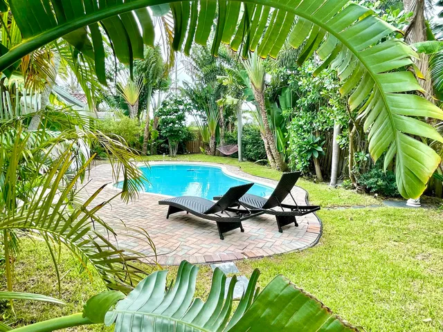 a view of a swimming pool with lawn chairs and plants