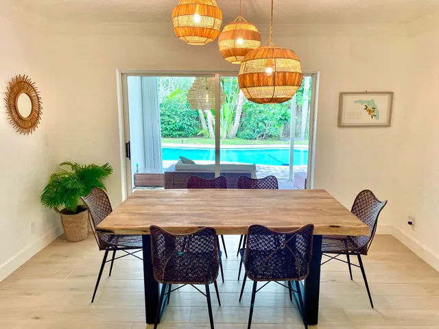 a view of a dining room with furniture window and outside view