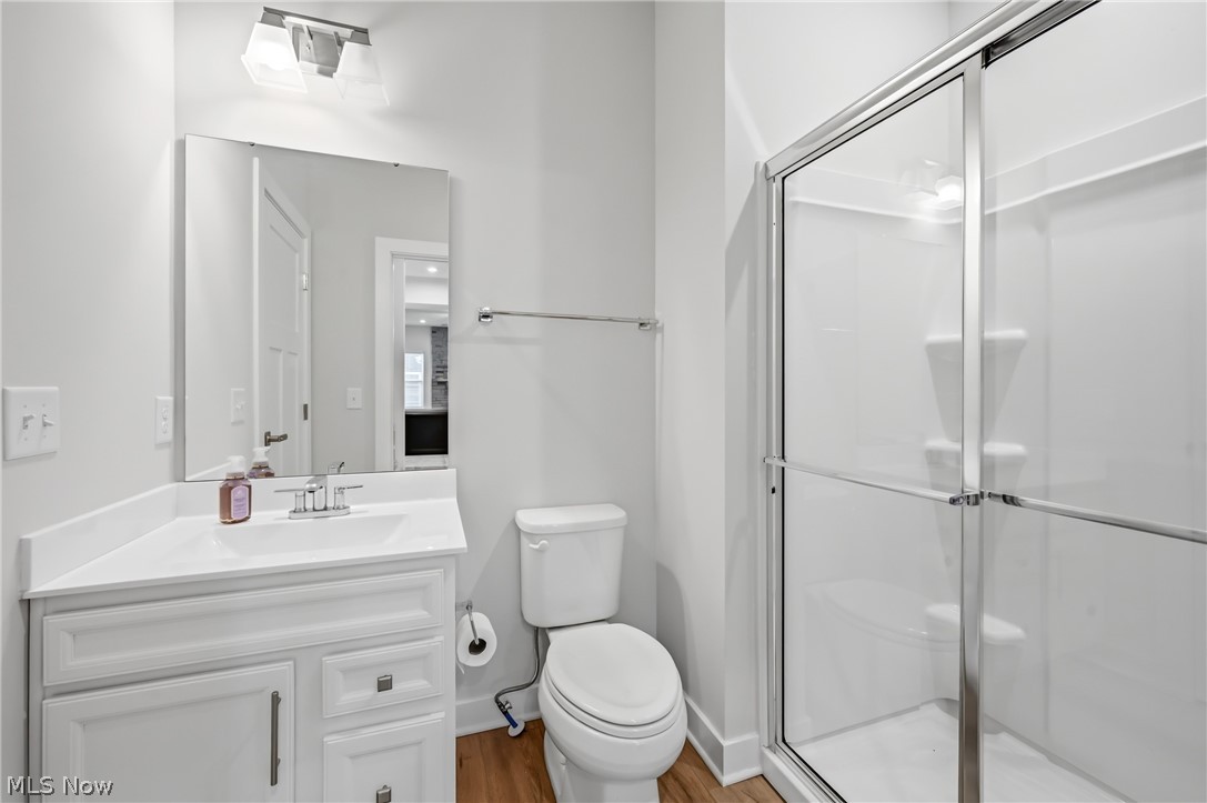 5358 Walnut Rdg Lane Sheffield Lake, OH 44054 - Photo 19 of 50 First floor Bathroom featuring a glass-enclosed shower, white vanity with integrated sink, rectangular mirror, and wood-finish flooring