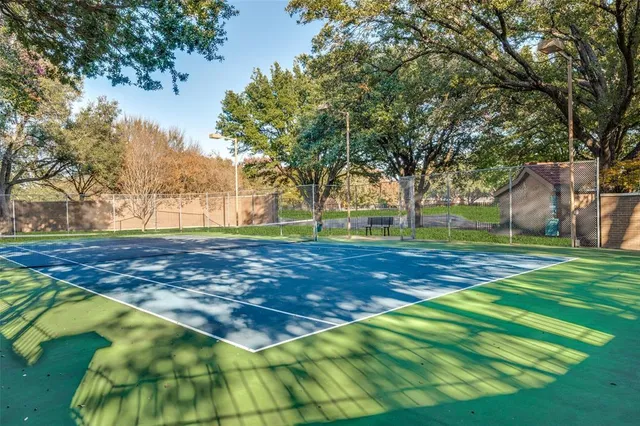 a view of a park with large trees