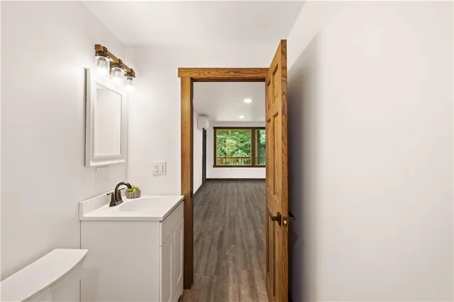 a bathroom with a sink a mirror and a toilet