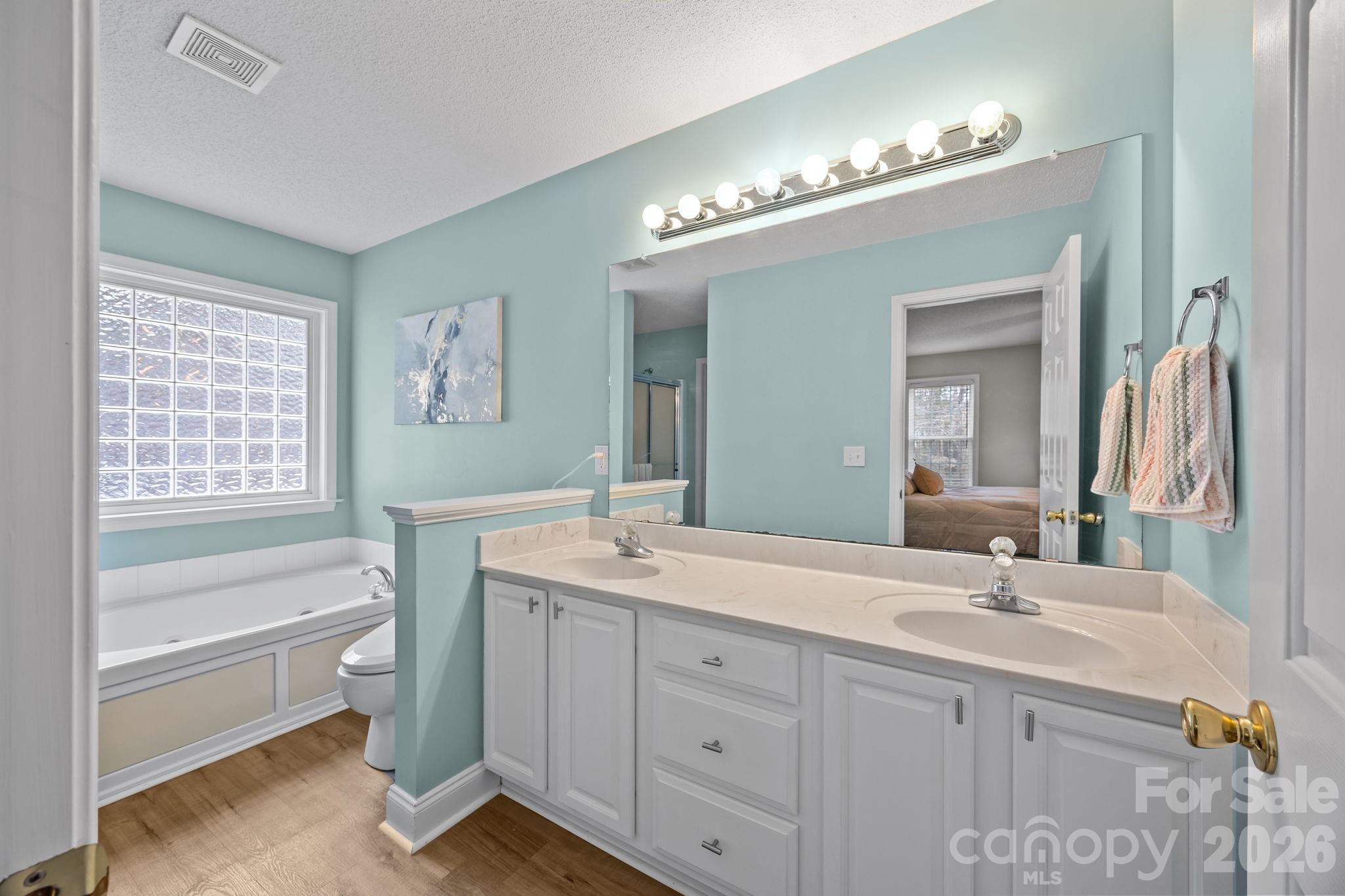 1749 Sells Road Salisbury, NC 28144 - Photo 20 of 47 a spacious bathroom with a double vanity sink a large mirror a bathtub and next to a window