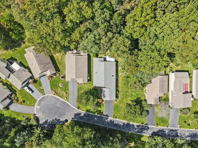 an aerial view of a house with a yard and large trees