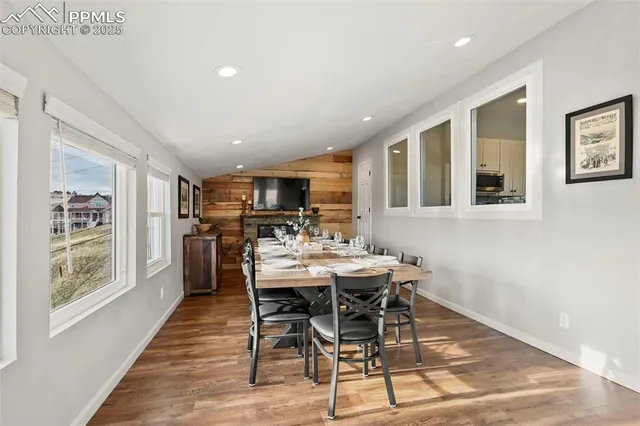 a view of a dining room with furniture