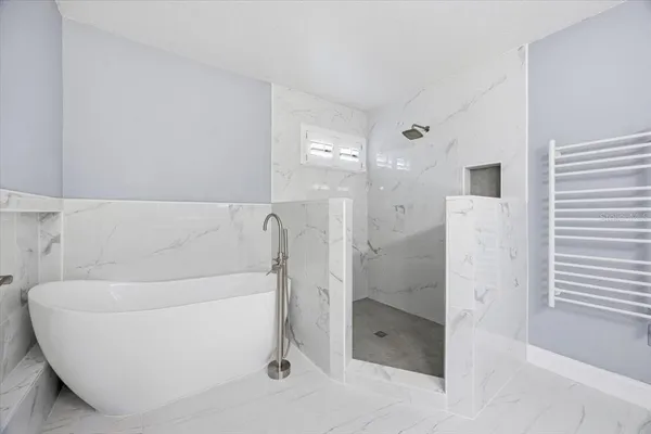 a bathroom with a bathtub and a shower
