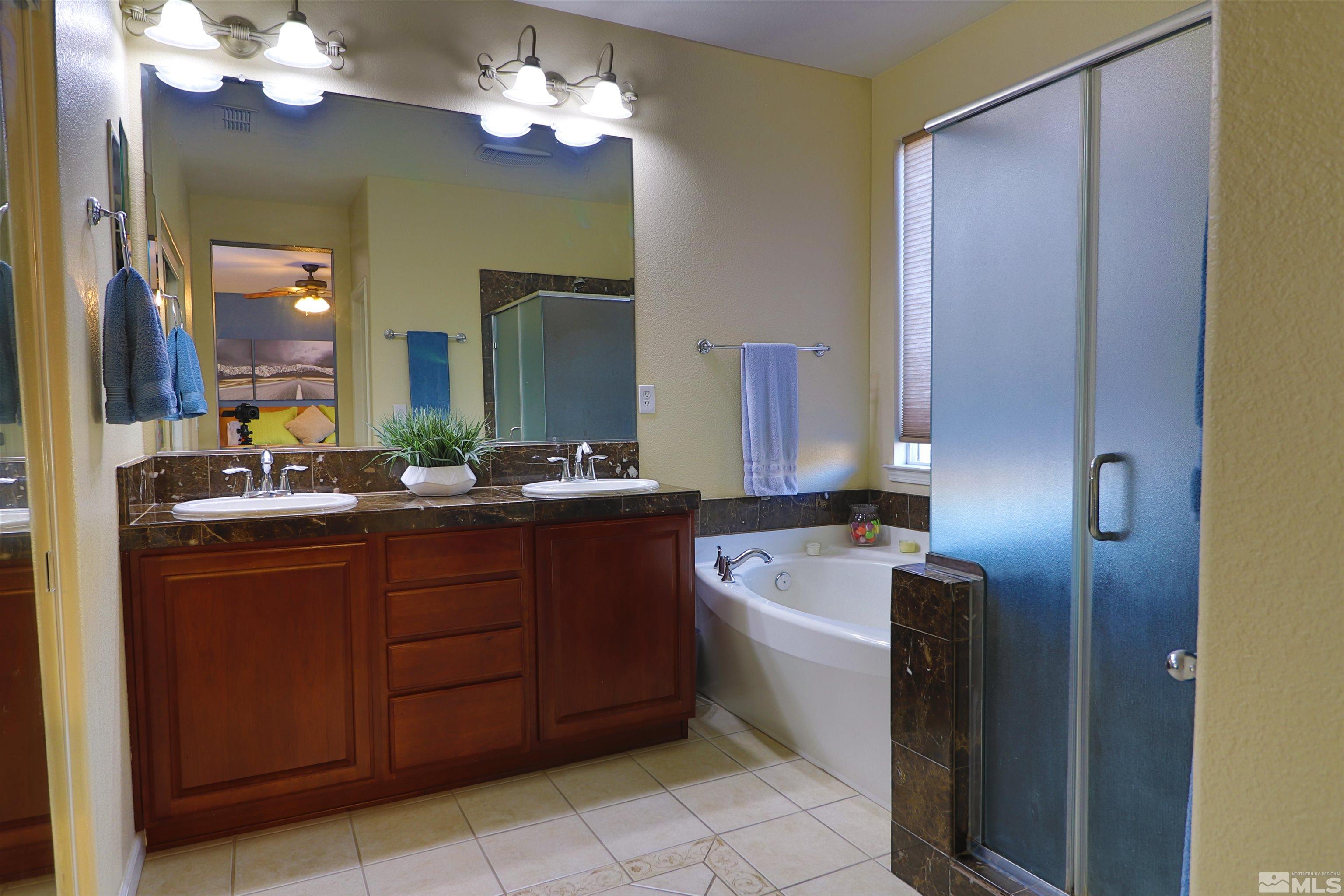 2491 Spring Flower Drive Reno, NV 89521 - Photo 12 of 19 a bathroom with a granite countertop sink a mirror and a bathtub
