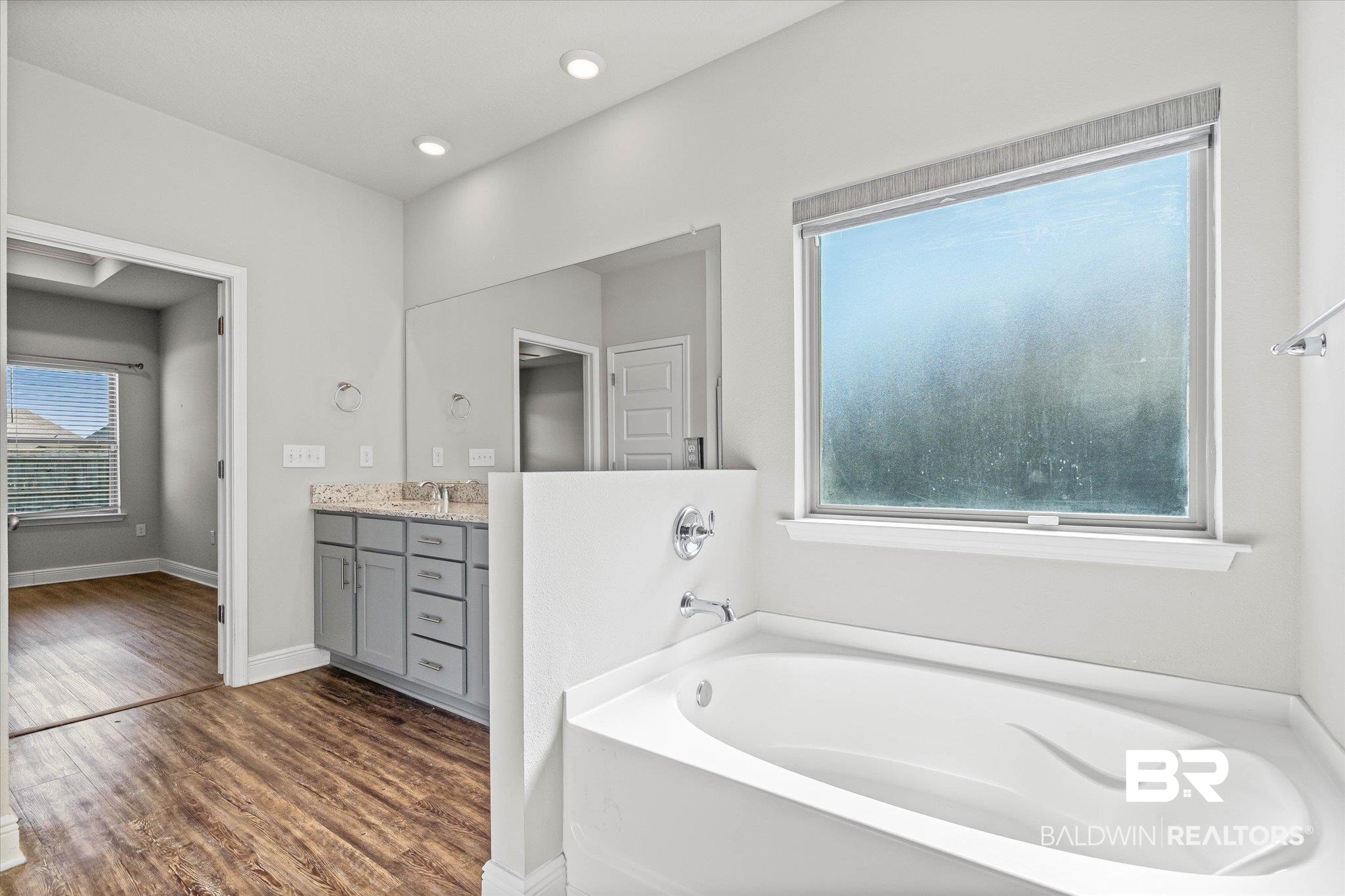 10207 Dunleith Loop Daphne, AL 36526 - Photo 10 of 23 Full bathroom featuring a garden tub, vanity, dark wood-type flooring, and recessed lighting