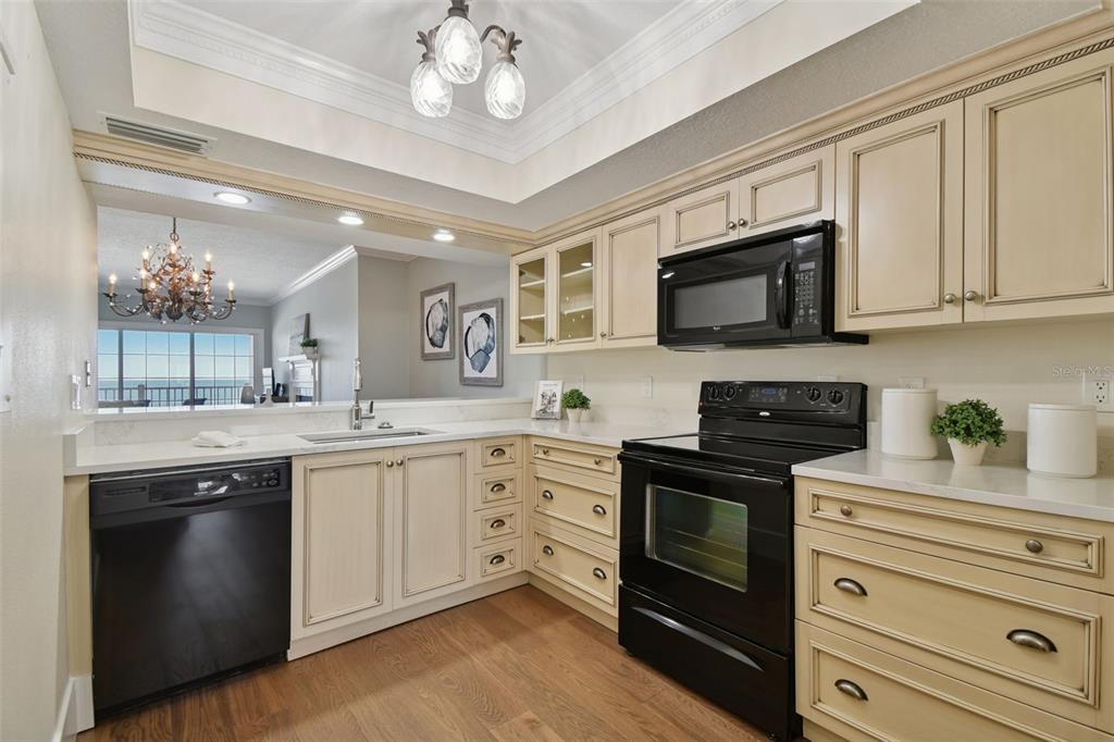 1586 Gulf Boulevard, Unit 2502 Clearwater Beach, FL 33767 - Photo 22 of 47 a kitchen with a sink stove and microwave