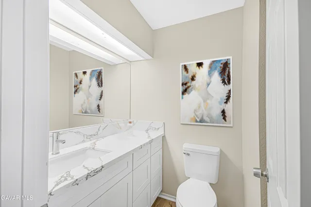 a bathroom with a sink vanity and toilet