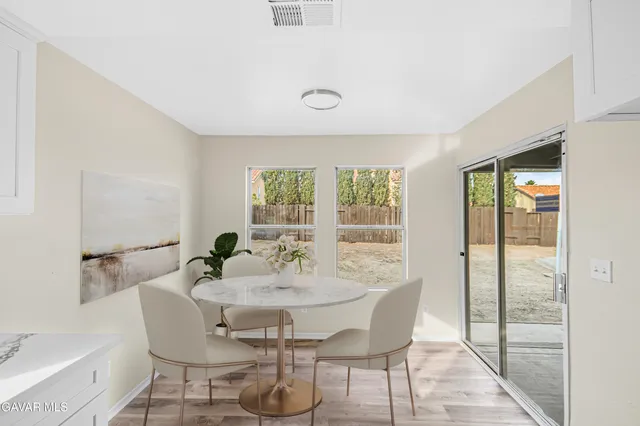 a view of a dining room with furniture window and outside view
