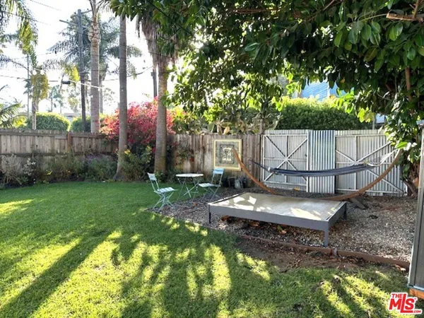 a view of a backyard with plants and a slide