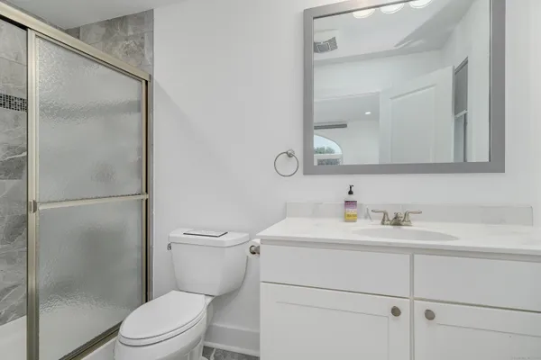 a bathroom with a toilet sink vanity and shower
