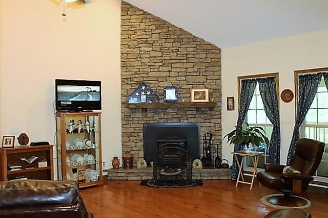 Living Room with fireplace and soaring c