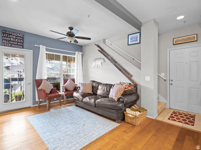900 Bitner Road, Unit D 34 Park City, UT 84098 - Photo 3 of 25 Living room featuring light wood-style floors, a ceiling fan, and recessed lighting