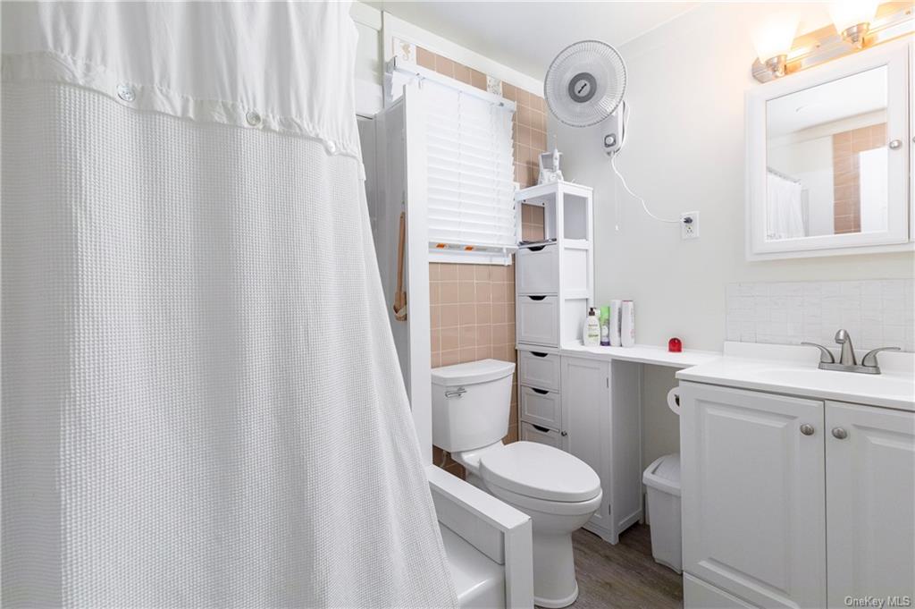 1030 Highway 199 Red Hook, NY 12571 - Photo 7 of 30 Bathroom featuring tile walls, walk in shower, hardwood / wood-style floors, vanity, and toilet