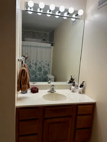 a bathroom with a sink and a mirror