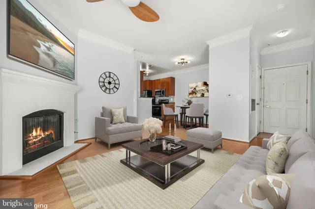 a living room with furniture and a fireplace