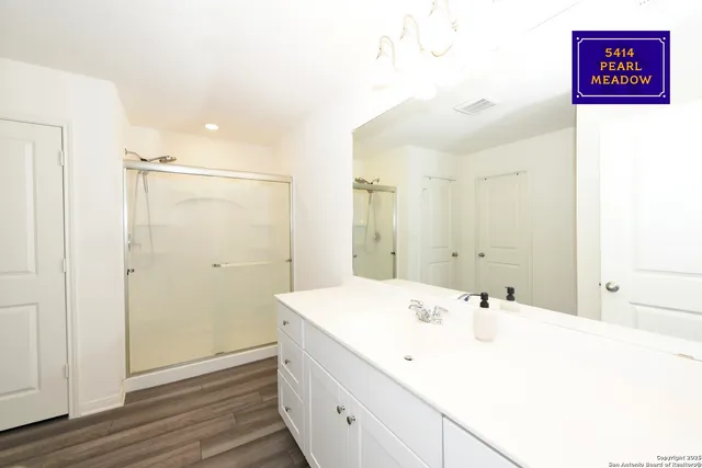 a bathroom with a sink a mirror and a shower