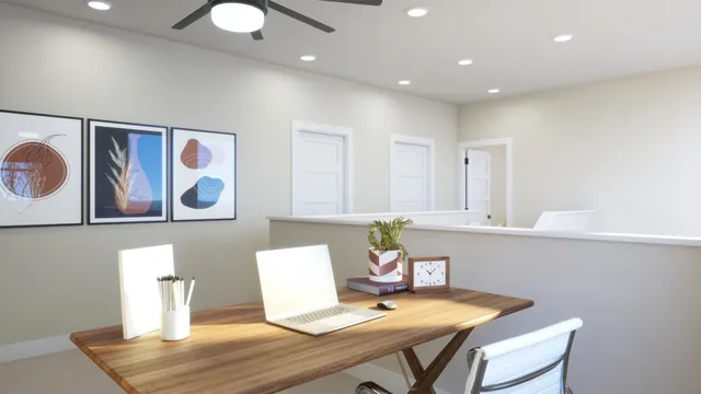 a workspace with furniture and window