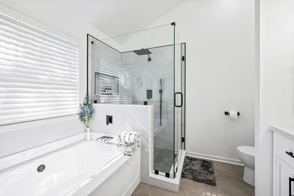 a bathroom with a tub toilet sink and mirror