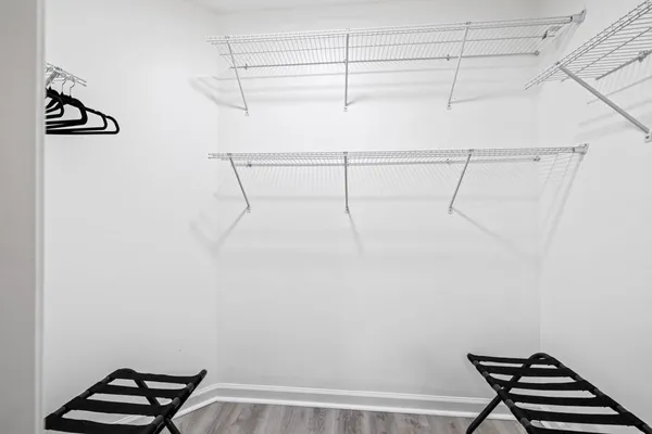a view of a room with racks on the wall