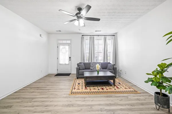 a living room with furniture and a potted plant