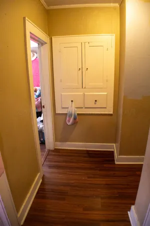 a view of a hallway with wooden floor and cabinet