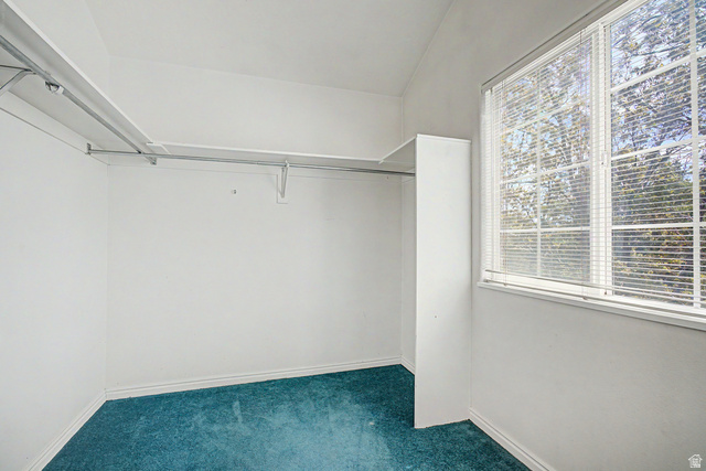 2058 California Avenue, Unit 2 Provo, UT 84606 - Photo 29 of 32 Room featuring a window with horizontal blinds, light-colored walls, and teal carpeting