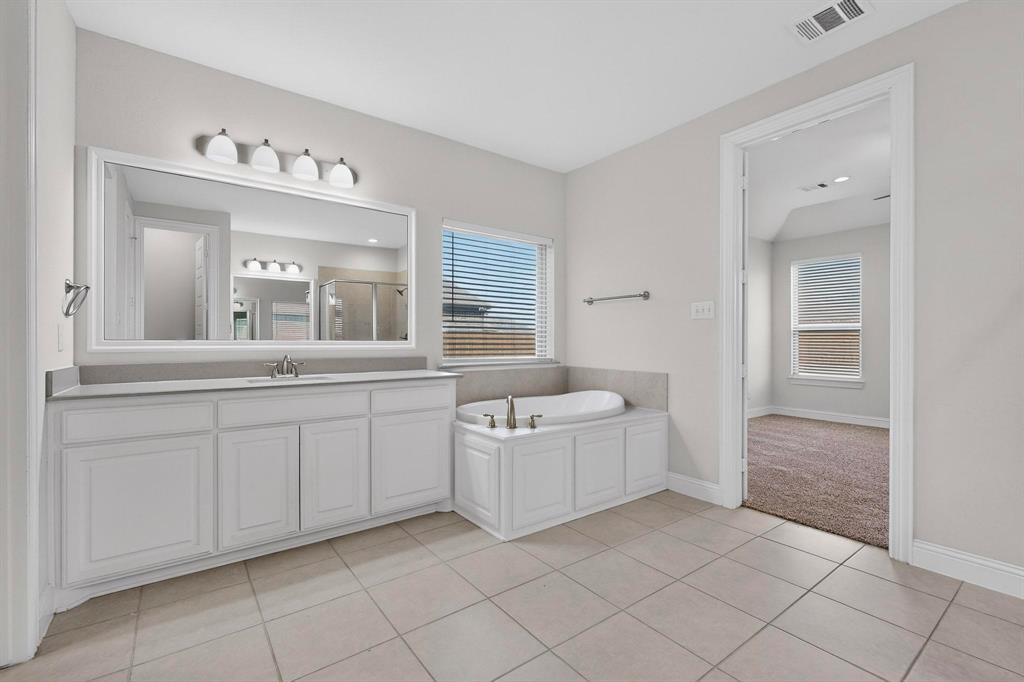 805 Rustic Trail Midlothian, TX 76065 - Photo 22 of 40 a spacious en suite bathroom with a double vanity sink a mirror and a