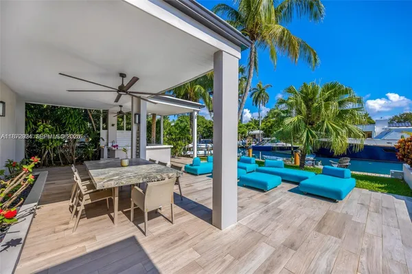 a view of a backyard with sitting area