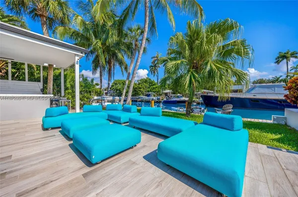 a view of a backyard with swimming pool