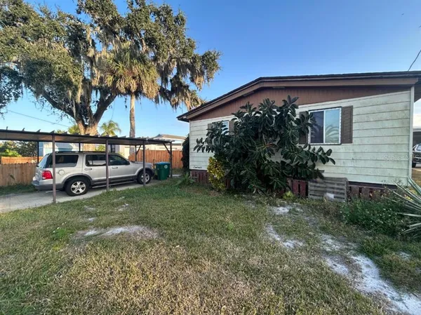 a view of a yard in front of a house with a large tree