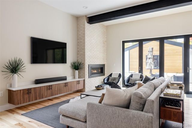 a living room with furniture tv and a fireplace