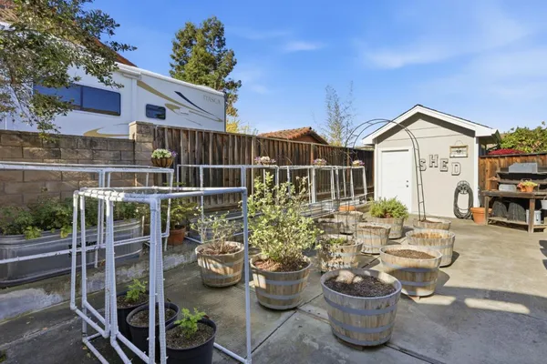 a view of a patio with couches and potted plants