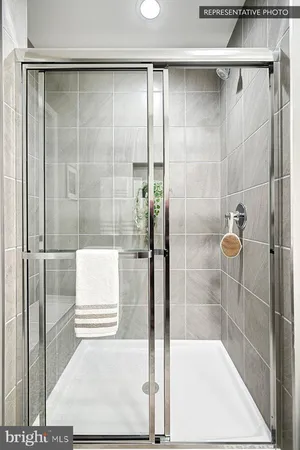 a bathroom with a shower and a sink