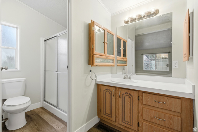 150 West 7500th South, Unit 55 Midvale, UT 84047 - Photo 23 of 28 Bathroom featuring a stall shower, vanity, dark wood-type flooring, ornamental molding, and plenty of natural light