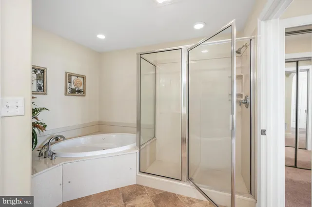 a bathroom with a bathtub and a shower