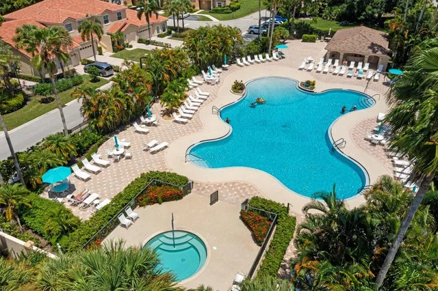 an aerial view of a swimming pool