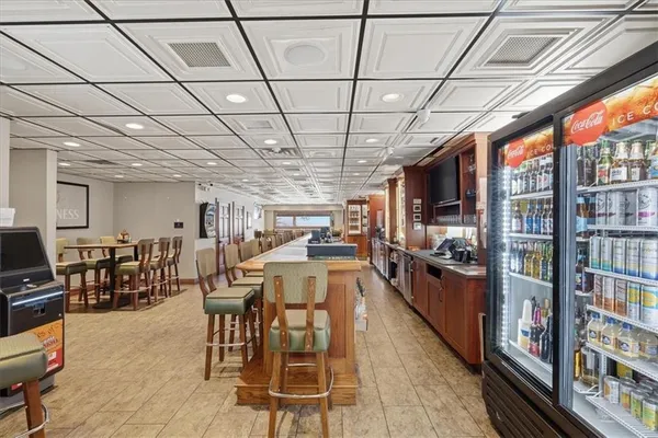 a view of a dining room with furniture