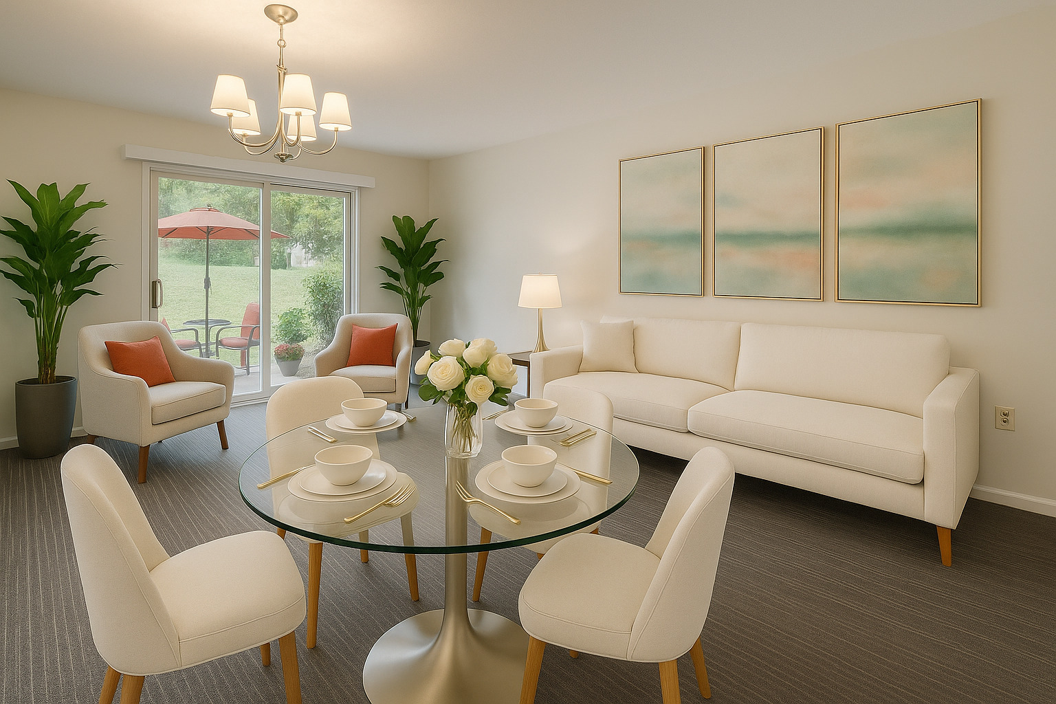 800 Ridge Road, Unit 114 Wilmette, IL 60091 - Photo 7 of 23 a living room with furniture a dining table and a chandelier