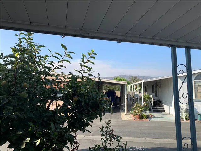 a view of potted plants in front of a building