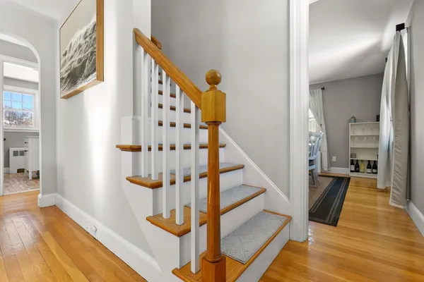 a view of an entryway with wooden floor and staircase