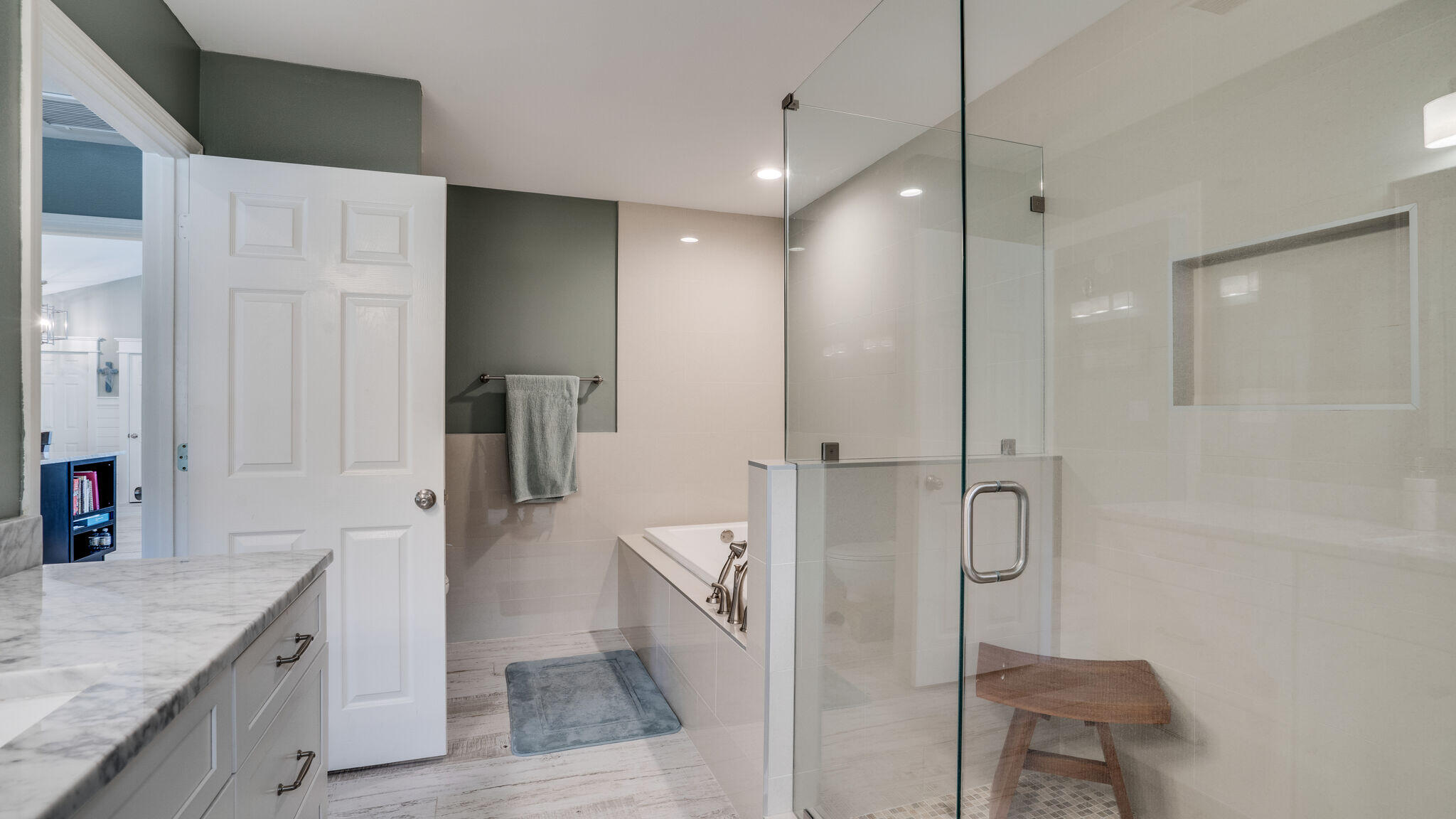 786 Mack Bayou Road Santa Rosa Beach, FL 32459 - Photo 23 of 42 a bathroom with a granite countertop sink a mirror and a shower