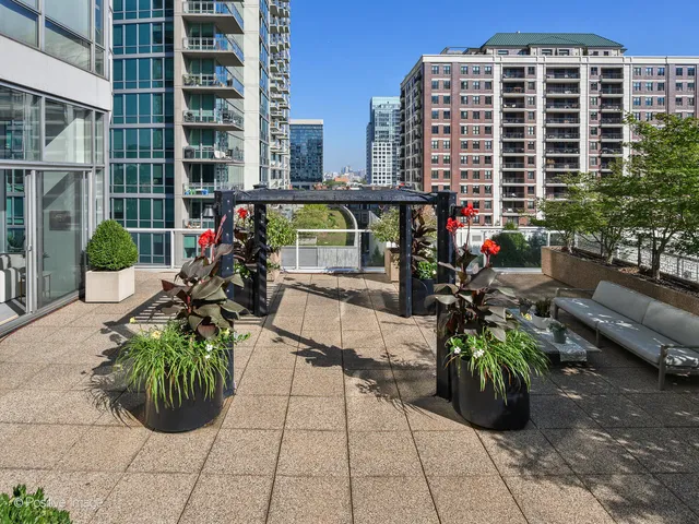 a view of a patio with plants and chairs